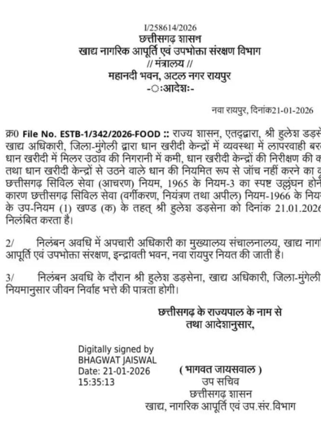 निलंबन की कार्यवाही –थरआया खाद विभाग, मुंगेली से शुरुआत